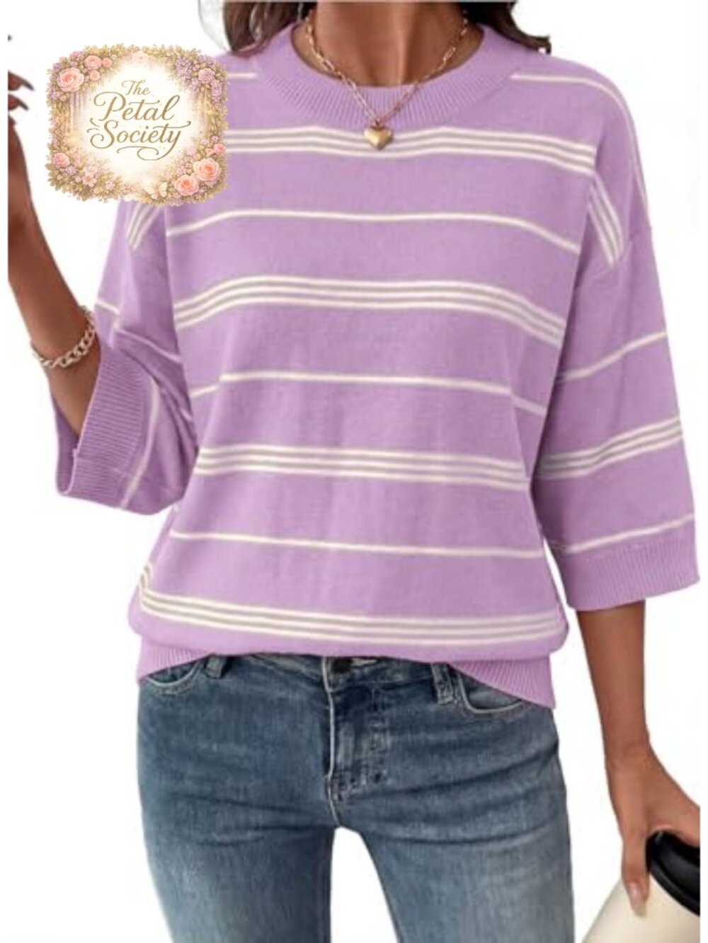 Women's Oversized 3/4 Sleeve Striped Knit Pullover Sweater